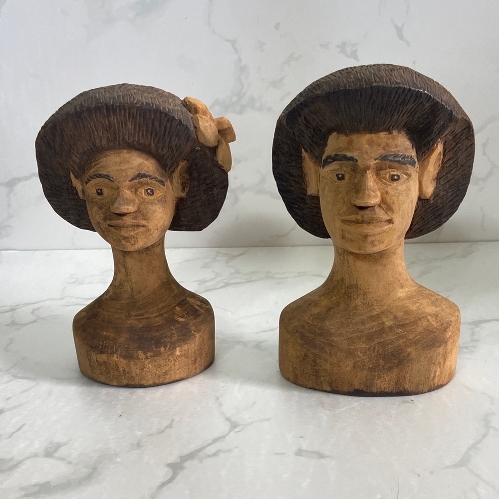 Unique Hand Carved Wooden Sculptures Man & Women Hawaiian Bust Statues Wood